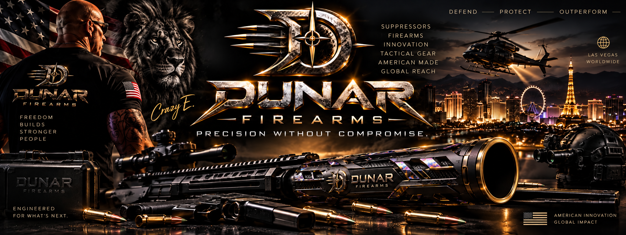 Dunar Firearms campaign artwork featuring the brand crest, Las Vegas skyline and black-and-gold identity