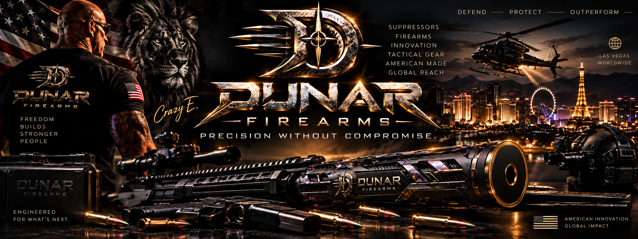 Dunar Firearms campaign artwork featuring the brand crest, Las Vegas skyline and black-and-gold identity