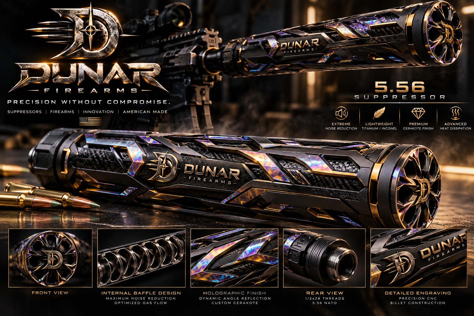 Dunar signature exterior in black, sculpted gold and holographic colors