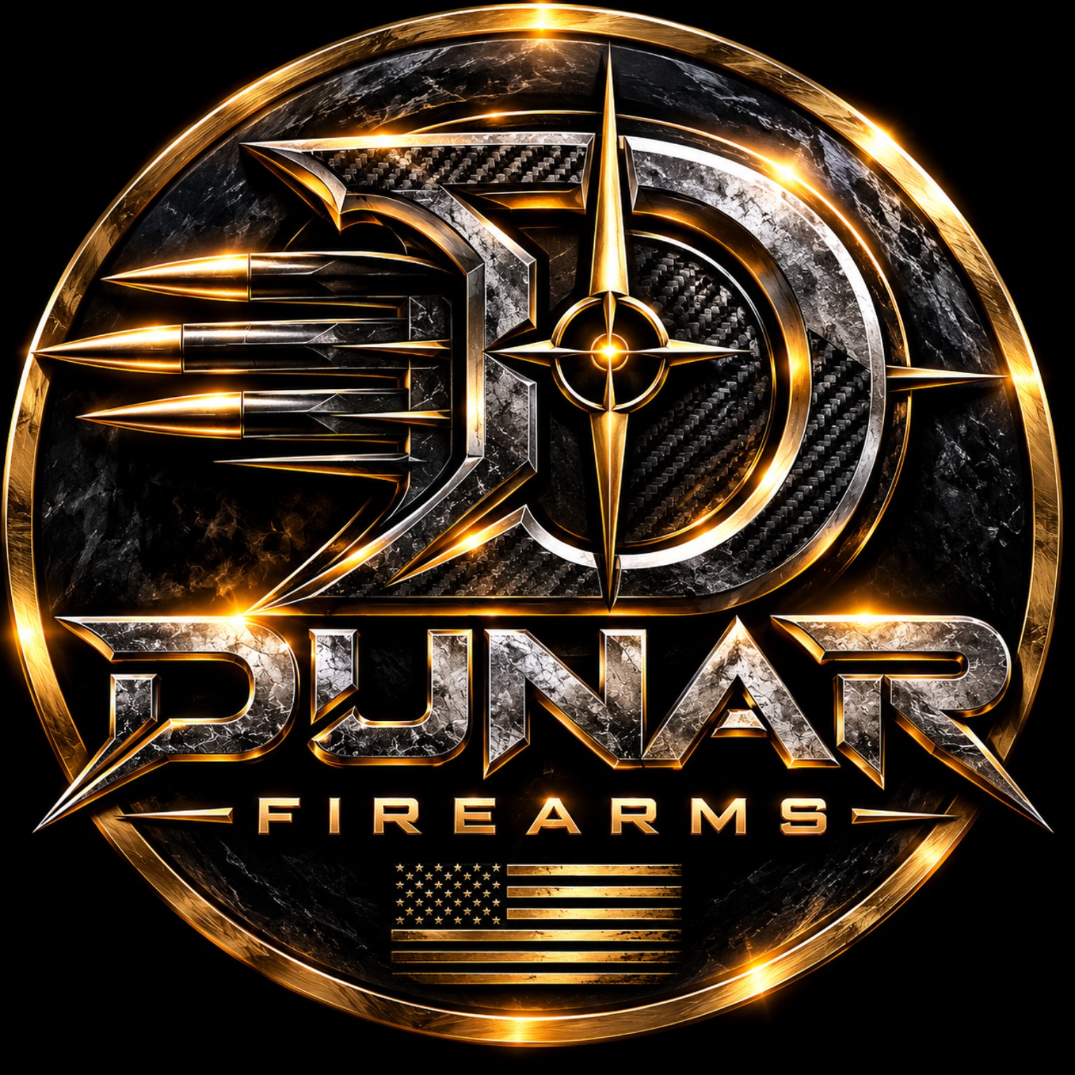 New Dunar Firearms circular crest in black, silver and gold with an American flag motif